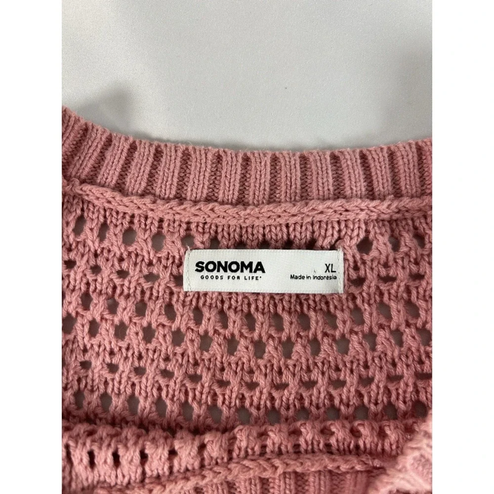 Sonoma Women Crochet Sweater XL Pink Short Sleeve Cotton Knit Boho Pullover
